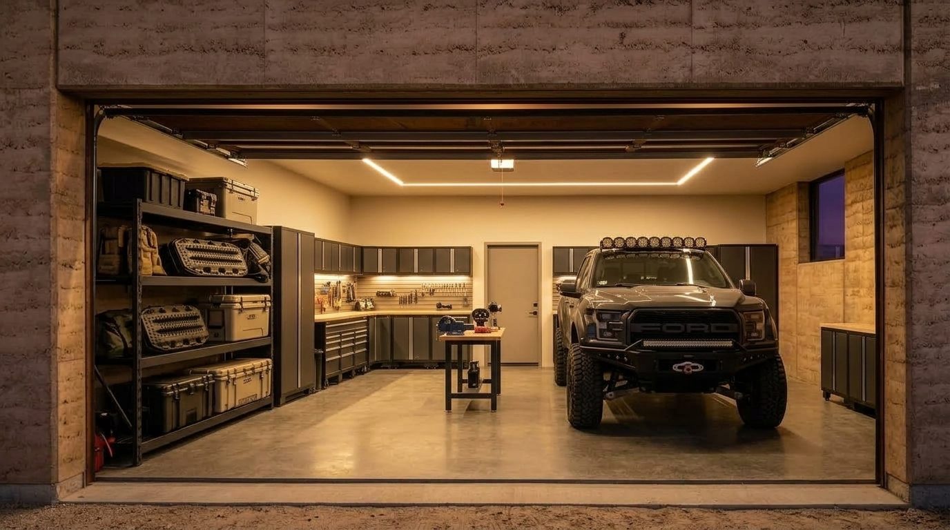 Oscar Garage Door Services Interior View of Custom Garage Door Overhead and Workshop